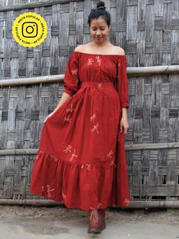 Chidiyaa - Red Dragonfly Block Printed Off Shoulder Cotton Dress
