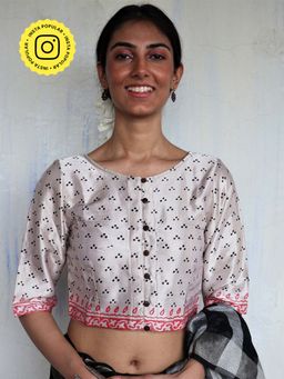 Chidiyaa - Noor Ivory Hand Block Printed Mashru Silk Stitched Blouse