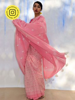 Chidiyaa - SKD Pink Moon Handprinted Pure Cotton Saree