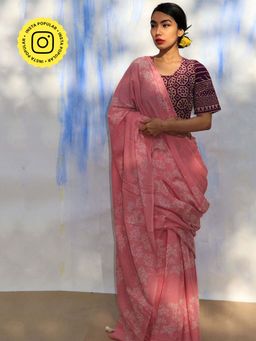 Chidiyaa - SKD Pink Bel Handprinted Pure Cotton Saree