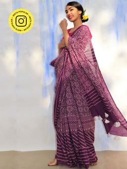 Chidiyaa - SKD Purple Jal Handprinted Pure Cotton Saree
