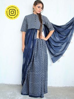 Chidiyaa - Blue Block Printed Cotton Mul Saree 7