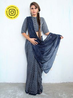 Chidiyaa - Blue Block Printed Cotton Mul Saree 5