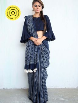Chidiyaa - Blue Block Printed Cotton Mul Saree 4