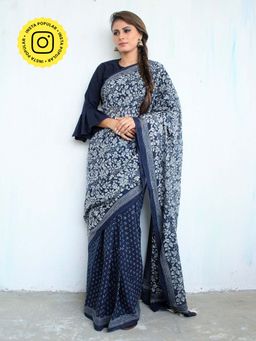 Chidiyaa - Blue Block Printed Cotton Mul Saree 2
