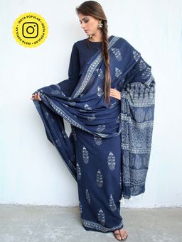 Chidiyaa - Blue Block Printed Cotton Mul Saree 1