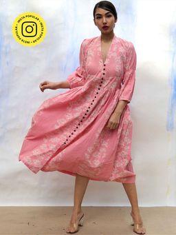 Chidiyaa - Skd Pink Handprinted Front Open Pure Cotton Dress