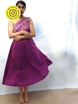 Chidiyaa - Skd Purple Handprinted One Shoulder Pure Cotton Dress