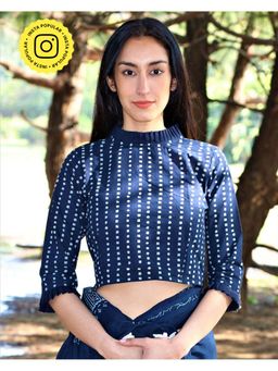Chidiyaa - Blue Block Printed Cotton Crop Top With Frills