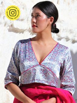 Chidiyaa - Red Silver Block Printed Mashru Silk Blouse Lagn