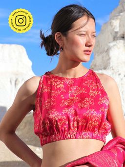 Chidiyaa - Pink Bel Block Printed Mashru Silk Blouse Lagn