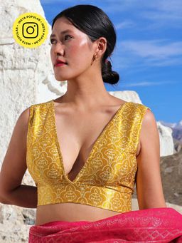 Chidiyaa - Mustard Block Printed Mashru Silk Blouse Lagn