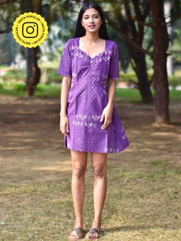 Chidiyaa - Purple Pure Cotton Block Printed Dress - Nupur