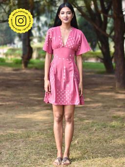 Chidiyaa - Pink Pure Cotton Block Printed Dress - Nupur
