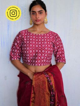Chidiyaa - Red Floral Block Printed Chanderi Blouse - Soni