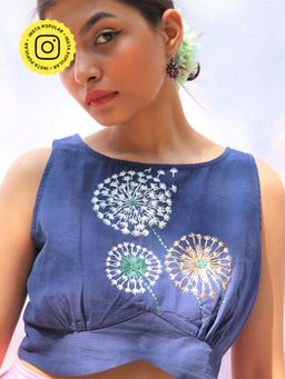 Chidiyaa - Blue Dandelion Sleeveless Hand Embroidered Handwoven Cotton Blouse - Fos