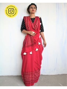 Chidiyaa - Maroon Block Printed Pure Cotton Mul Saree without Blouse