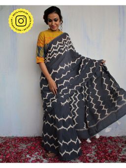 Chidiyaa - Midnight Grey Waves Block Printed Pure Cotton Mul Saree without Blouse