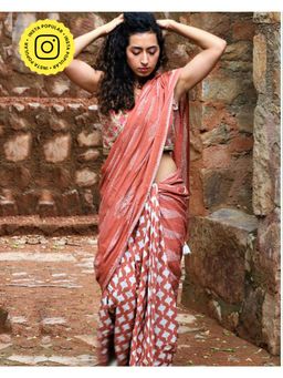 Chidiyaa - Rust Block Printed Pure Cotton Mul Saree without Blouse