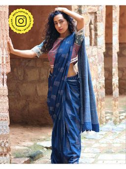 Chidiyaa - Royal Blue Block Printed Pure Cotton Mul Saree without Blouse