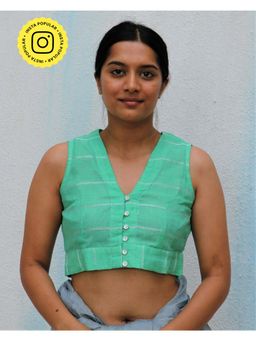 Chidiyaa - Pista Green Handwoven Linen Zari Stitched Blouse Everyday Beautiful