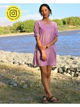 Chidiyaa - Lavender Block Printed Cotton Shift Dress with Puff Sleeves Zanskar