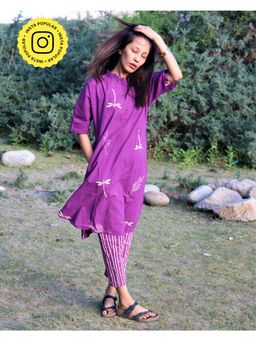 Chidiyaa - Calendula Violet Dragonfly Block Printed Cotton Kurta Zanskar (Set of 2)