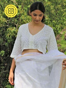 Chidiyaa - Ivory Pure Cotton Handprinted Blouse - Safed (Freesize)