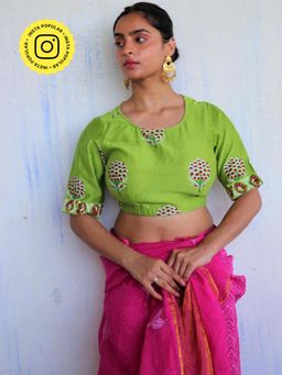 Chidiyaa - Parrot Green Block Printed Chanderi Blouse - Soni