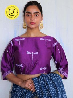 Chidiyaa - Violet Dragonfly Block Printed Chanderi Blouse - Soni