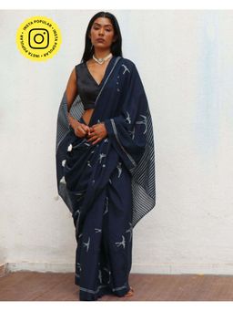 Chidiyaa - Fmtm Indigo Bird Hand Blockprinted Cotton Saree