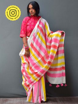 Chidiyaa - Sweth Handblock Printed Mulmul Cotton Saree