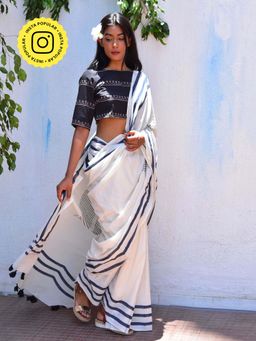 Chidiyaa - Vnmn Pearl Mist Handblockprinted Mulmul Cotton Saree