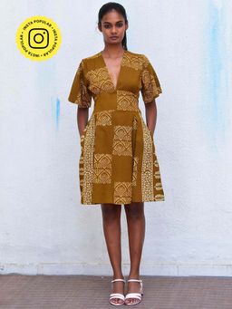 Chidiyaa - Humming Bird Golden Blossom Mustard Handblock Printed Cotton Dress