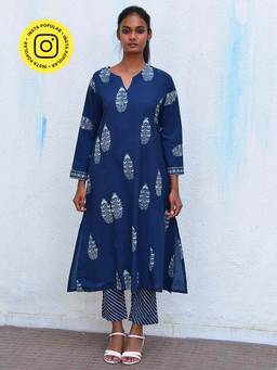 Chidiyaa - Humming Bird Into The Blue Handblock Printed Cotton Kurta