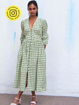 Chidiyaa - Humming Bird Gypsy Soul Olive Handblock Printed Cotton Dress