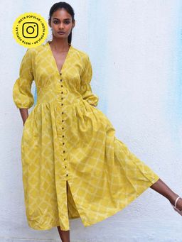Chidiyaa - Humming Bird Golden Sunrise Olive Handblock Printed Cotton Dress