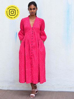 Chidiyaa - Humming Bird Ethereal Blossoms Rani Handblock Printed Cotton Dress