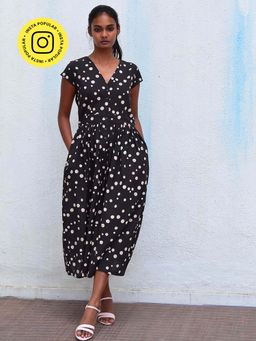 Chidiyaa - Humming Bird Radiant Delight Black Polka Handblock Printed Cotton Dress