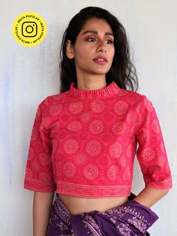 Chidiyaa - Butterfly Girls Pink Block Printed Cotton Crop Top Blouse