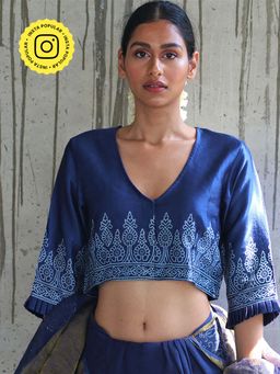 Chidiyaa - Manjari Blue Mashru Silk Block Printed Blouse