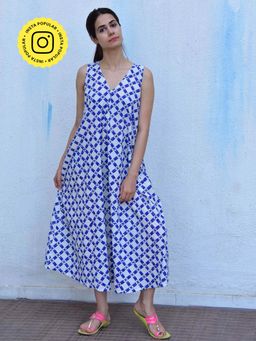 Chidiyaa - Rain Dancing Whispering Breezes Hand Block Printed Cotton Blue Maxi Dress