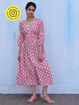 Chidiyaa - Rain Dancing Radiant Ripples Hand Block Printed Cotton Red Maxi Dress
