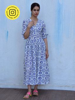 Chidiyaa - Rain Dancing Petals Hand Block Printed Cotton Blue Maxi Dress