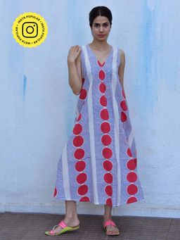 Chidiyaa - Rain Dancing Mystic Waters Hand Block Printed Cotton Blue Maxi Dress