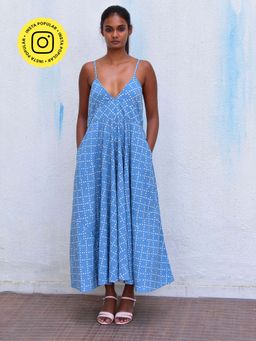 Chidiyaa - Smell Of Rain Cerulean Mist Hand Block Printed Cotton Dress
