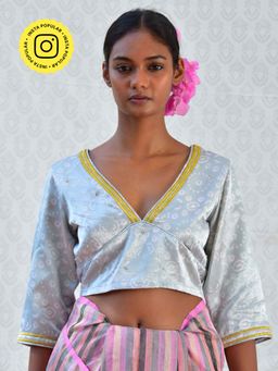 Chidiyaa - Bougainvillea Baby Blue Handblock Printed Mashru Silk Blouse