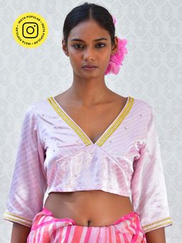 Chidiyaa - Bougainvillea Lavender Sip Handblock Stripes Printed Mashru Silk Blouse