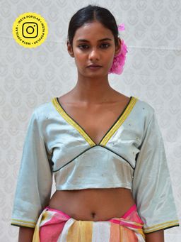Chidiyaa - Bougainvillea Aqua Green Hand Embroidered Mashru Silk Blouse