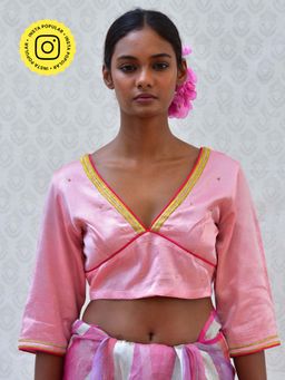 Chidiyaa - Bougainvillea Cherry Pink Hand Embroidered Mashru Silk Blouse